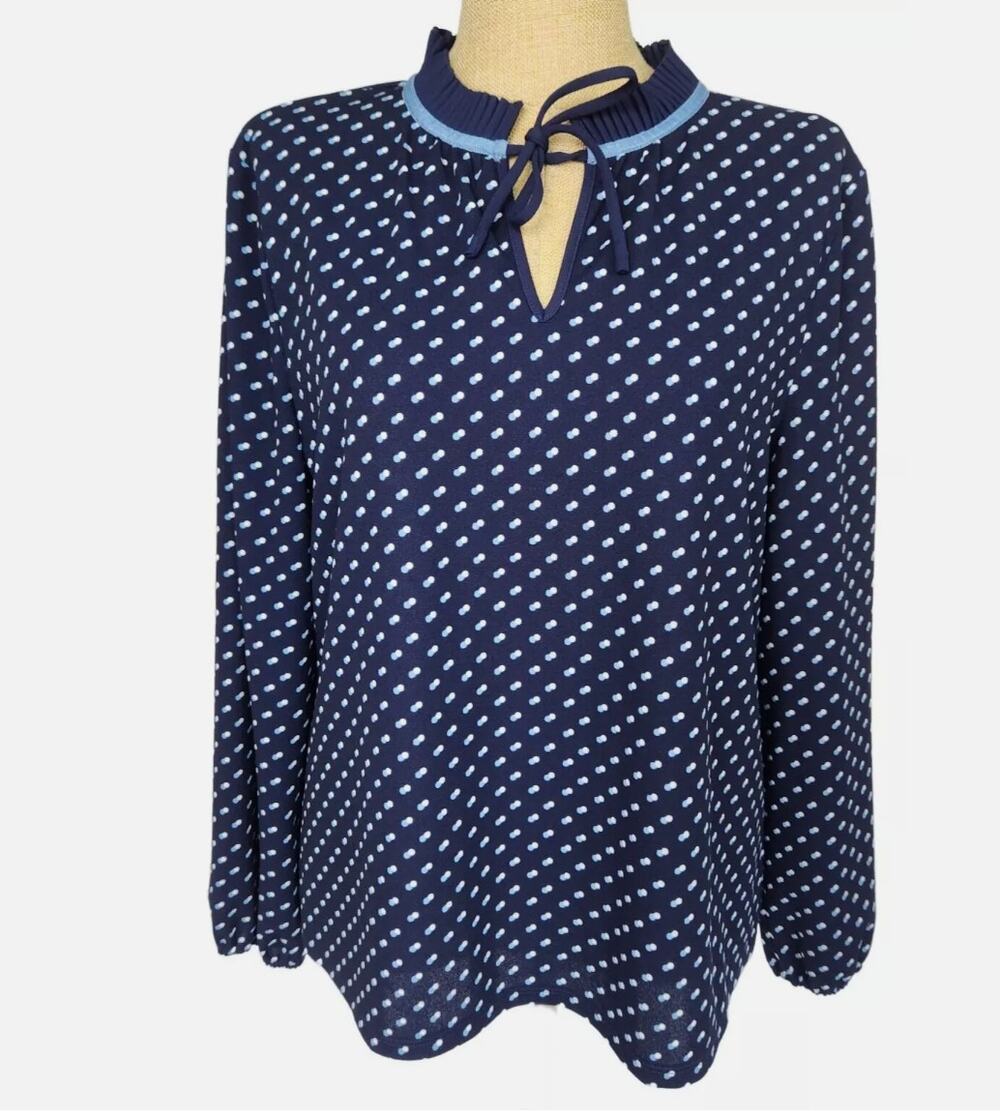 TALBOTS Navy Polka Dot Pleated Tie Neck Long Sleeve Blouse Business Large NWT